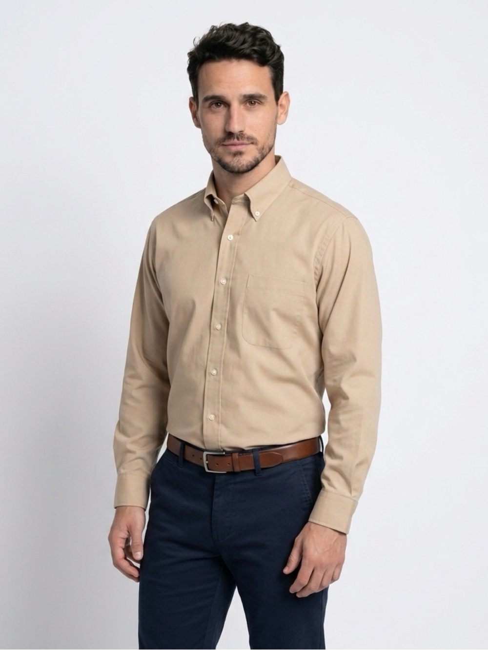 CHAPS Dress Shirt Mens 17-17.5 34-35 Beige Solid Classic Fit Button Up